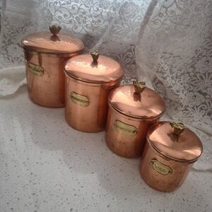 SOLD Vintage 4-Piece Copper Canister Set with Brass Labels & Tulip Knobs